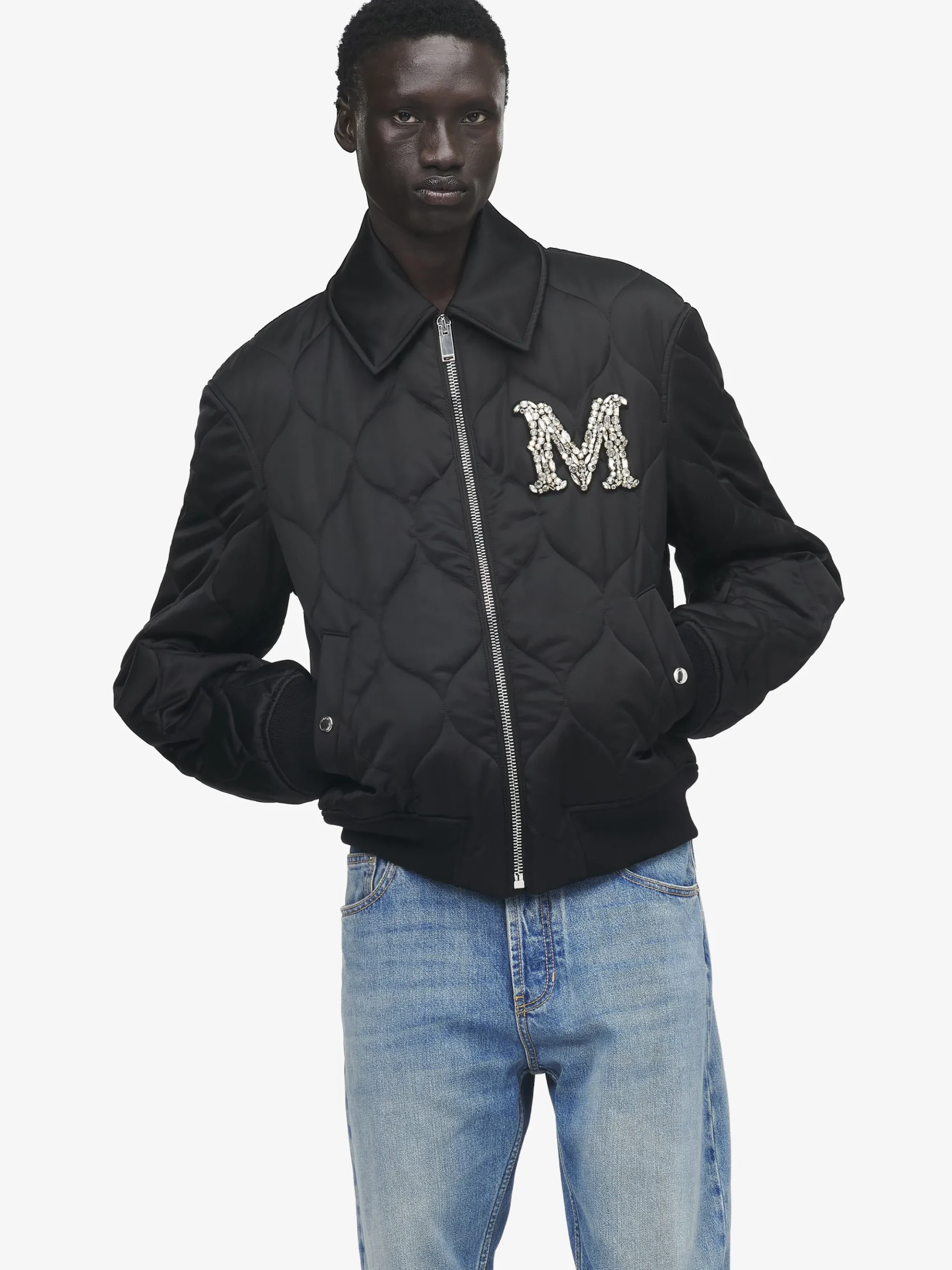 Men's Crystal Logo Quilted Jacket in Black