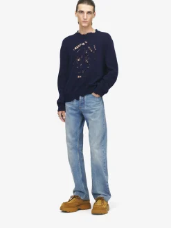 Men's Distressed Skull Jumper in Navy