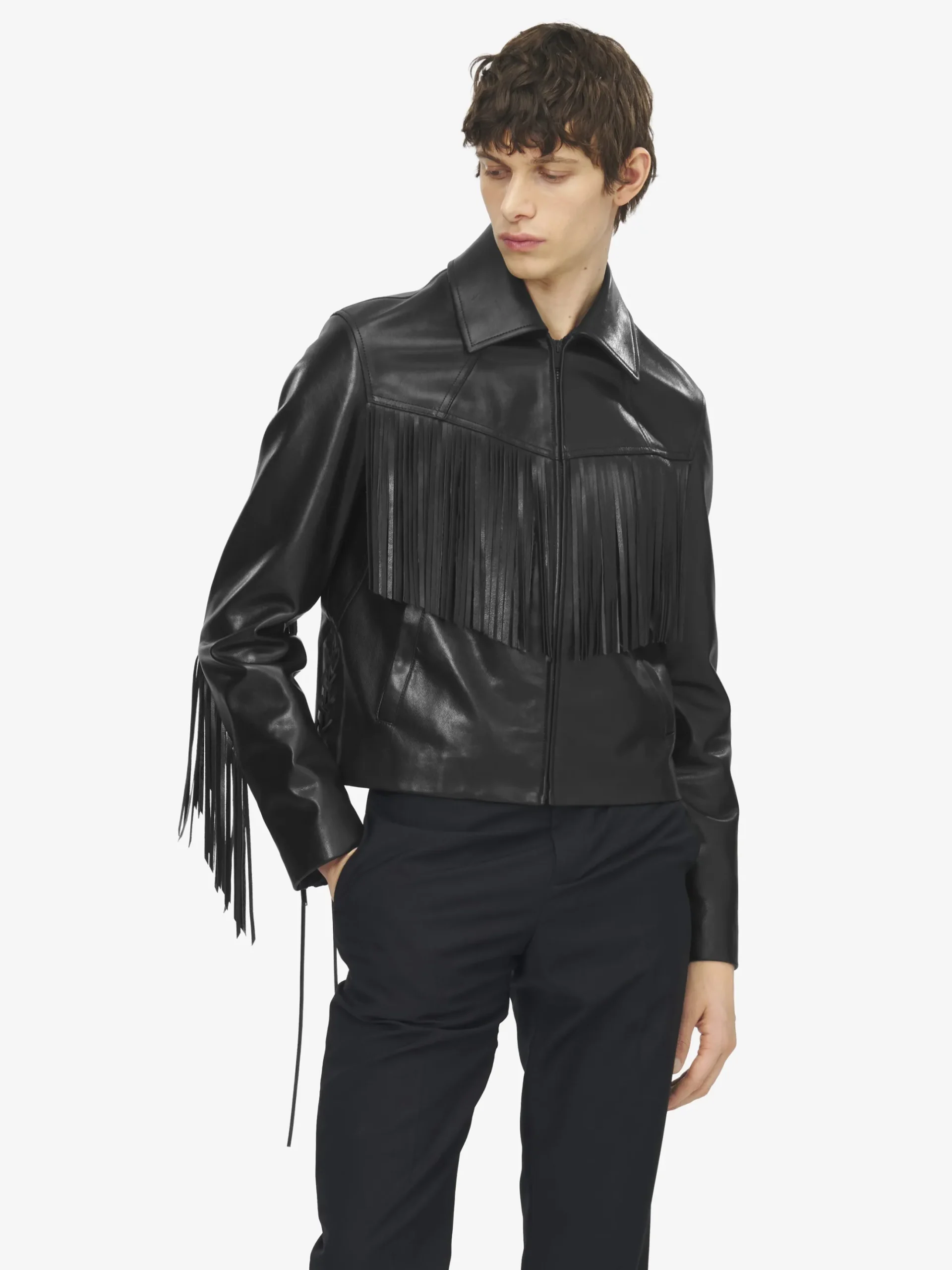 Men's Fringe Leather Jacket in Black