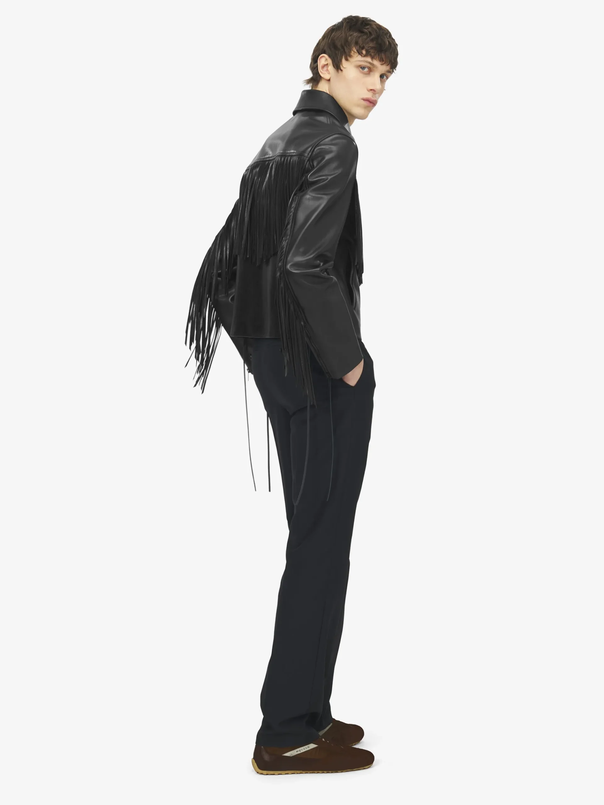 Men's Fringe Leather Jacket in Black