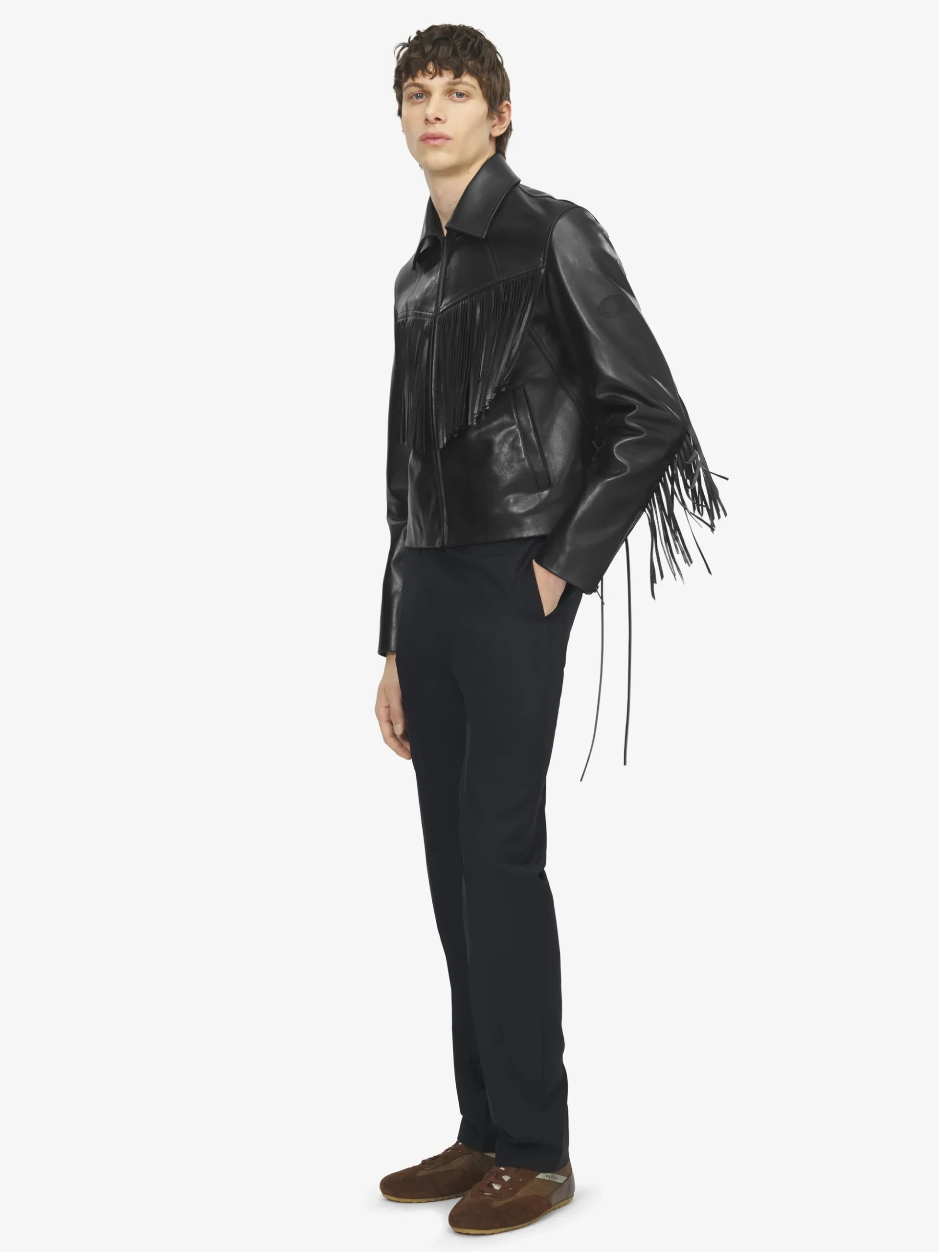 Men's Fringe Leather Jacket in Black