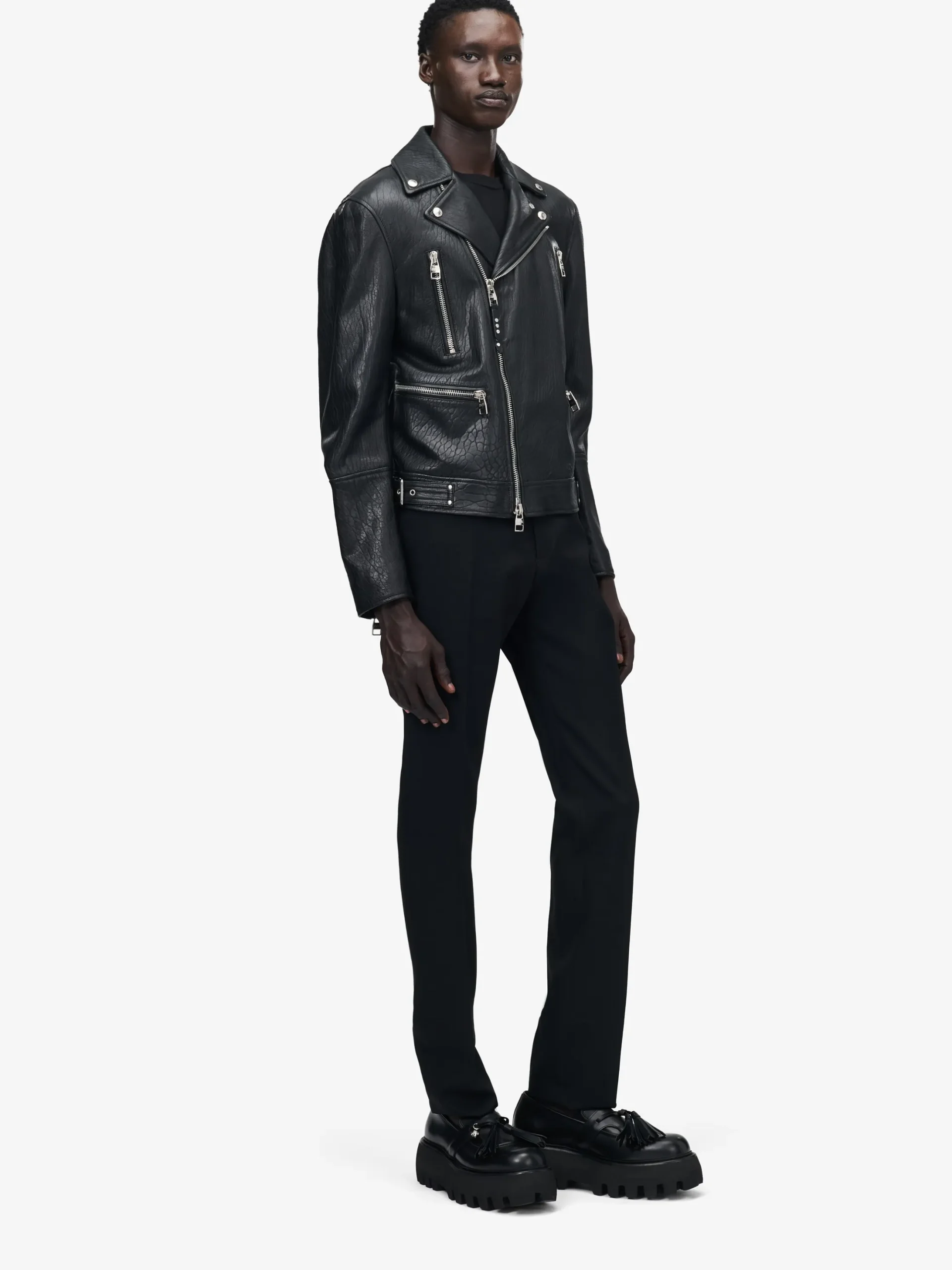 Men's McQueen Classic Leather Biker Jacket in Black