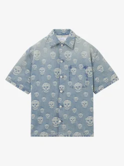 Men's Skull Jacquard Denim Shirt in Washed Blue