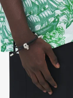 Men's Skull Leather Bracelet in Black