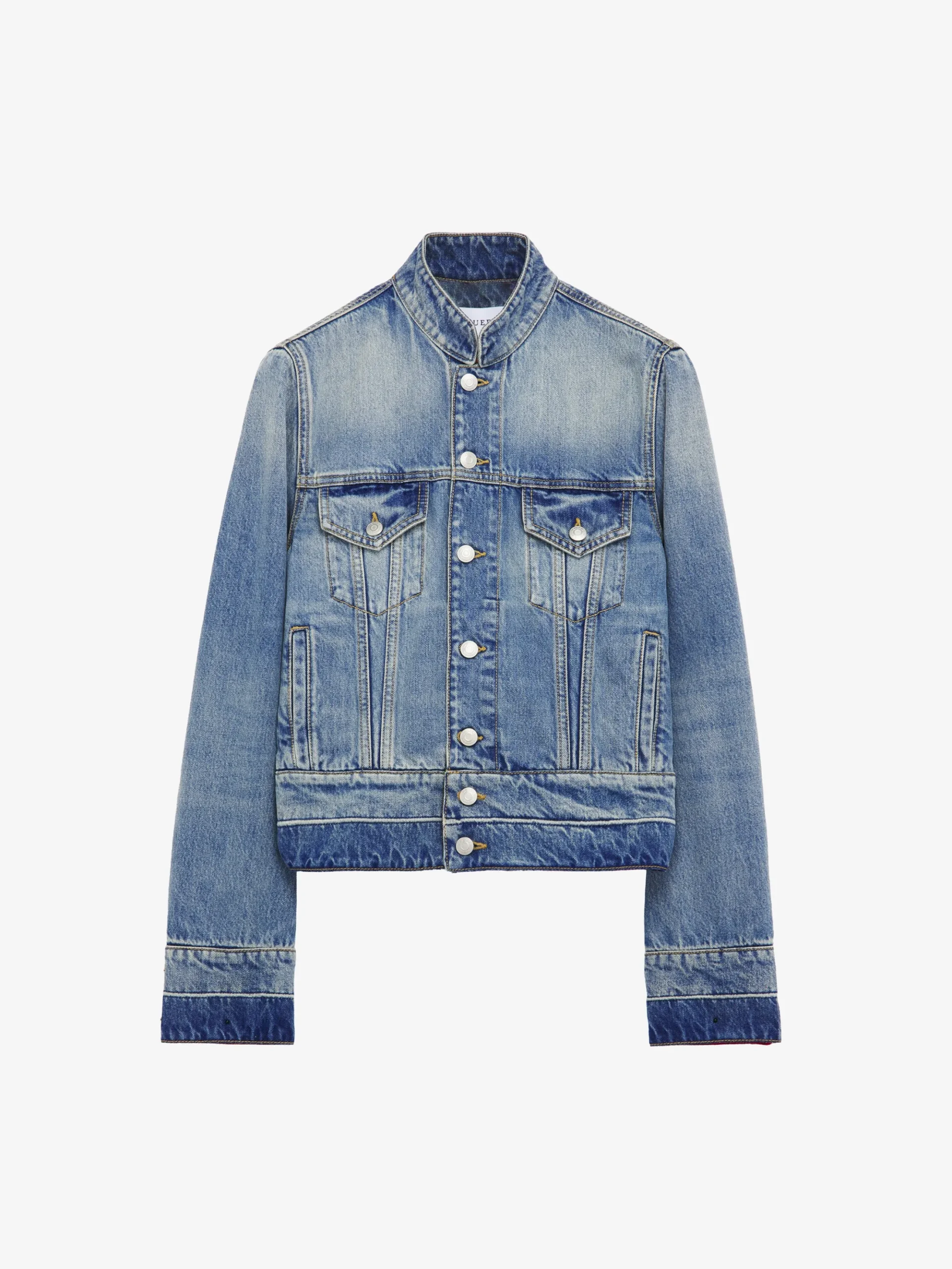 Men's Stand Collar Denim Jacket in Washed Blue