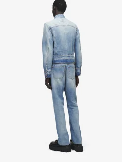 Men's Stand Collar Denim Jacket in Washed Blue