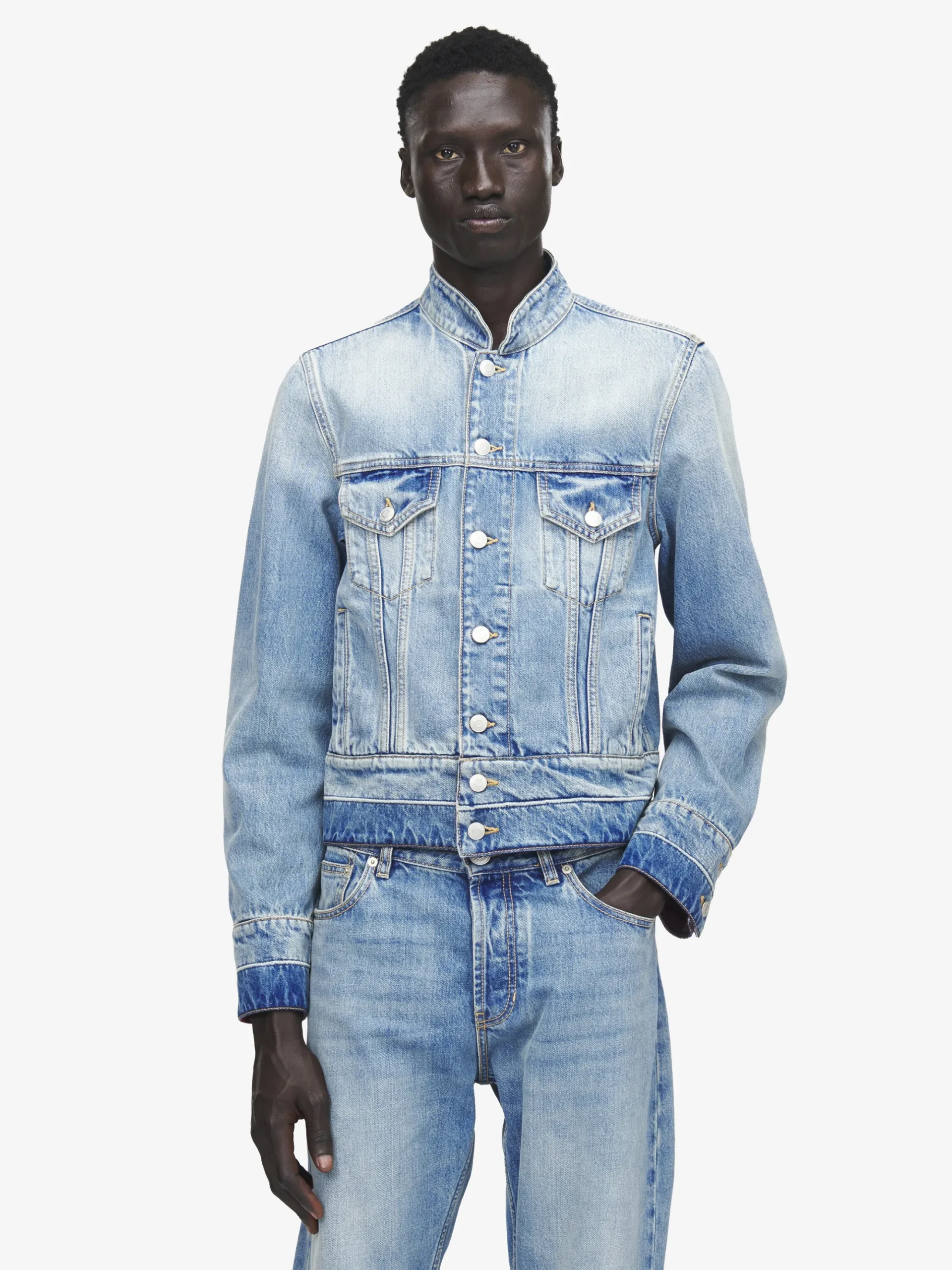 Men's Stand Collar Denim Jacket in Washed Blue