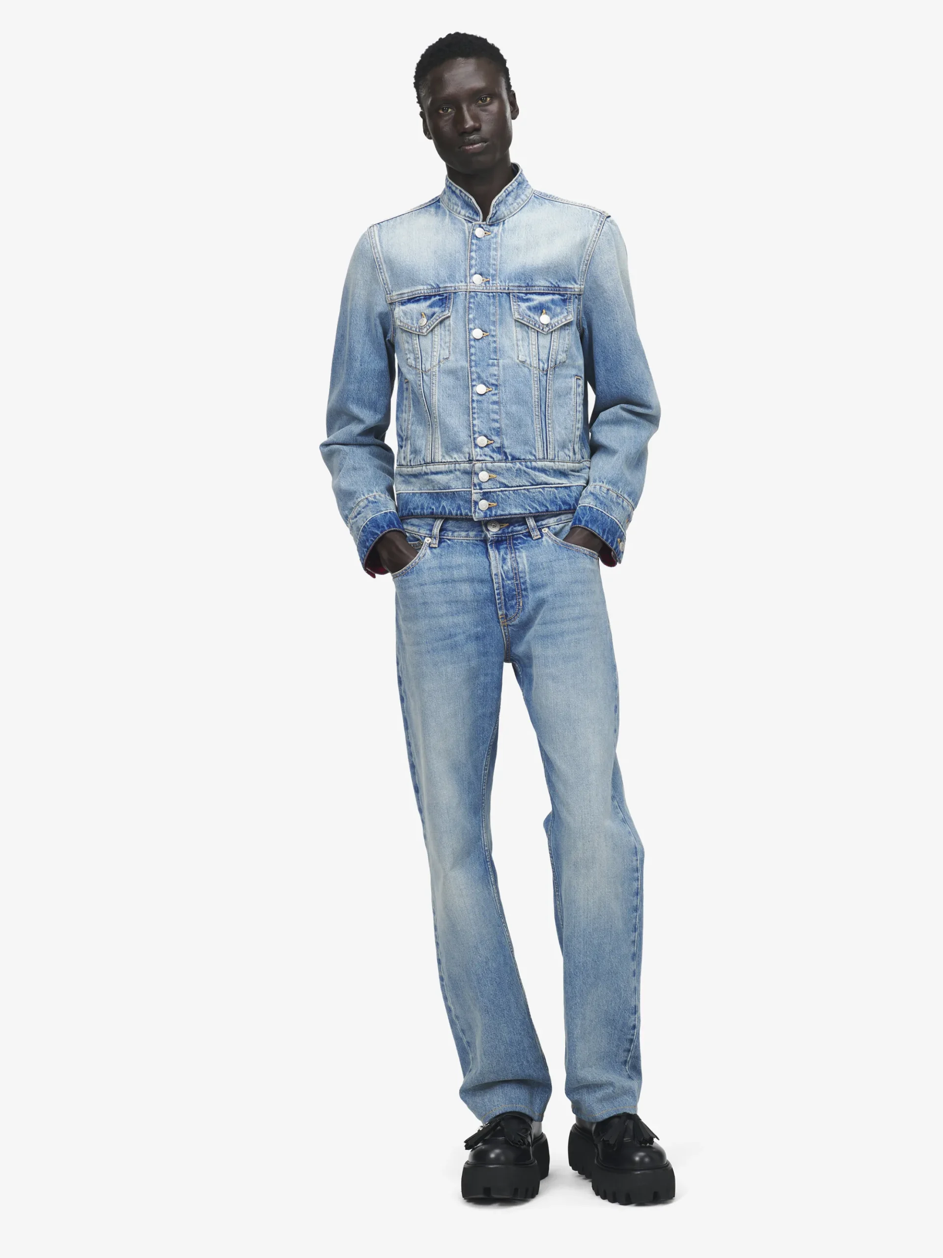 Men's Stand Collar Denim Jacket in Washed Blue
