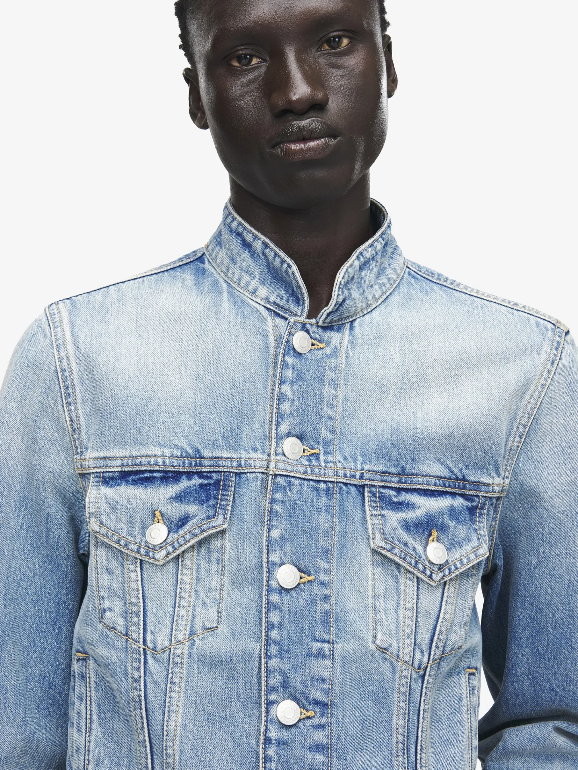 Men's Stand Collar Denim Jacket in Washed Blue