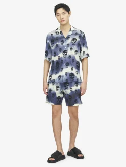 Men's Tie-Dye Skull Hawaiian Shirt in Indigo/Ivory