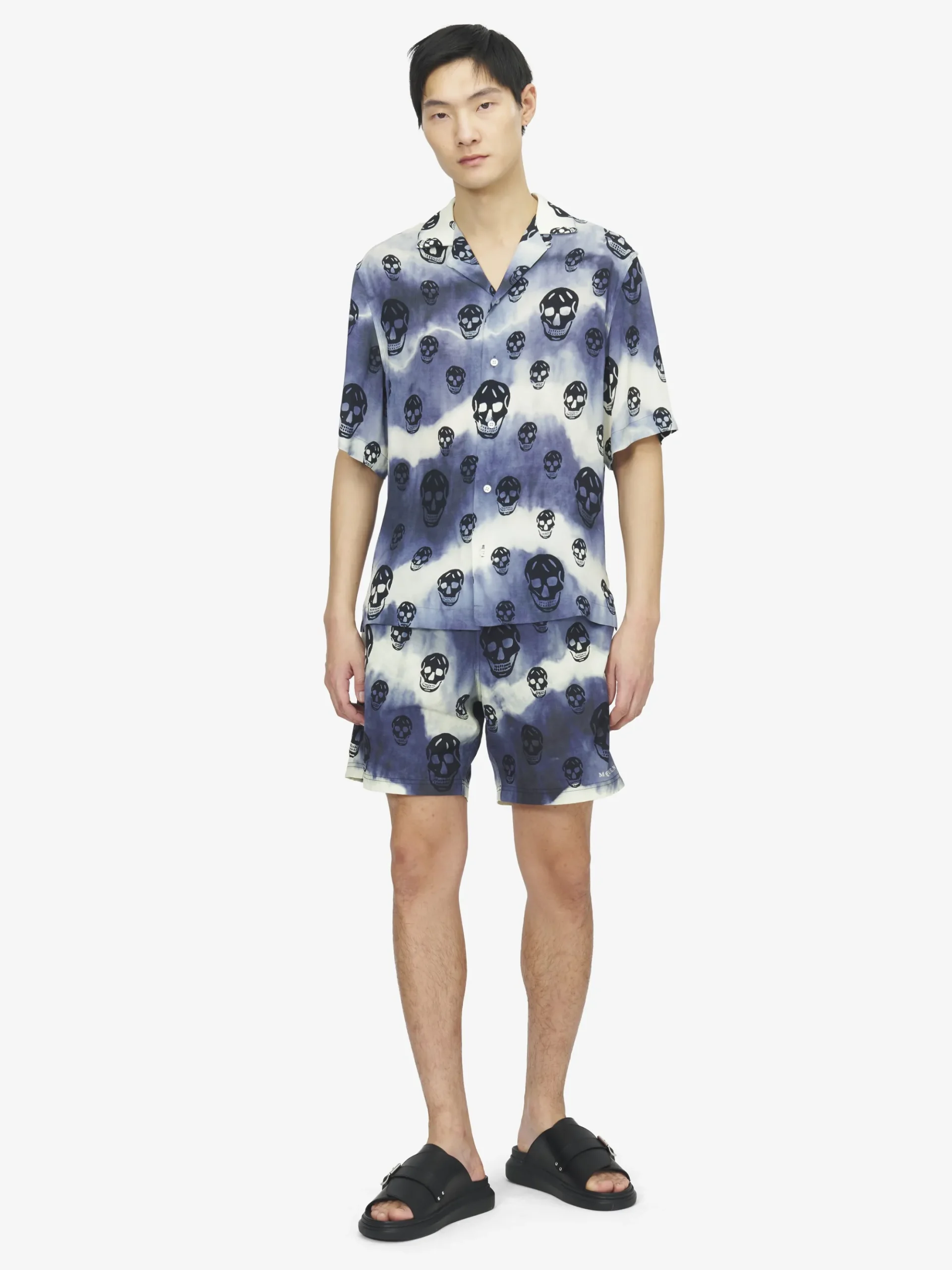 Men's Tie-Dye Skull Hawaiian Shirt in Indigo/Ivory