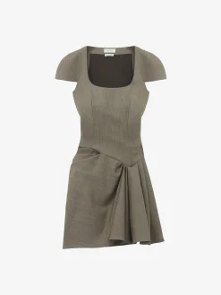 Women's Asymmetric Gathered Mini Dress in Light Brown