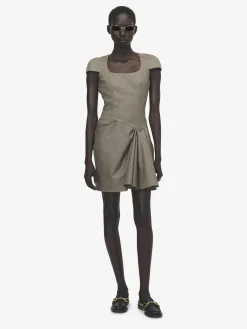 Women's Asymmetric Gathered Mini Dress in Light Brown