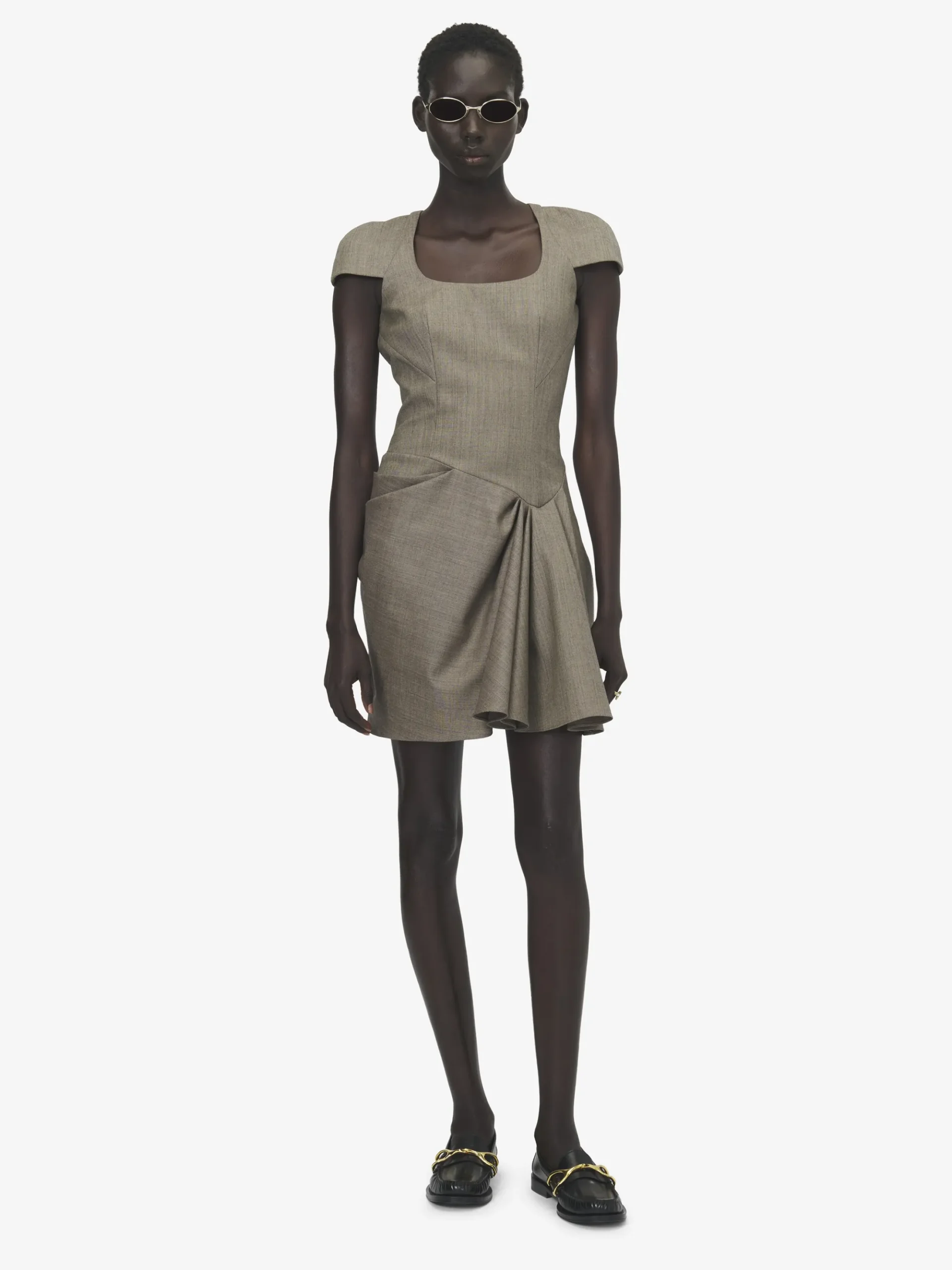 Women's Asymmetric Gathered Mini Dress in Light Brown