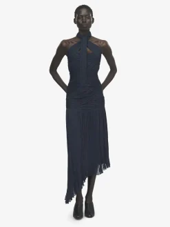 Women's Asymmetric Ruched Dress in Navy