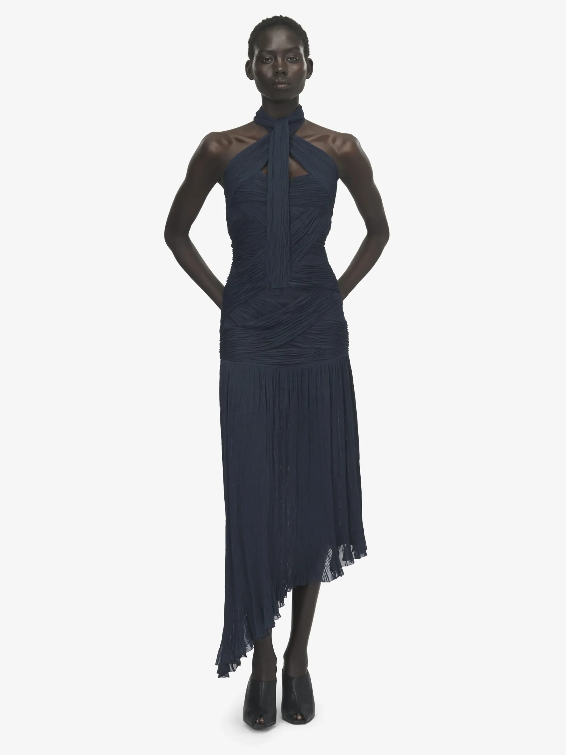 Women's Asymmetric Ruched Dress in Navy
