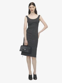 Women's Corset Lace Flecked Pinstripe Pencil Dress in Grey