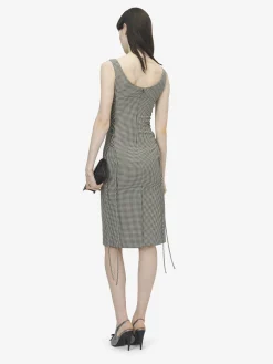 Women's Corset Lace Gingham Check Pencil Dress in Black/Ivory