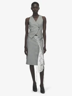 Women's Corset Lacing Panel Pencil Skirt in Black/Ivory