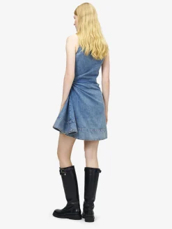 Women's Denim Asymmetric Mini Dress in Washed Blue