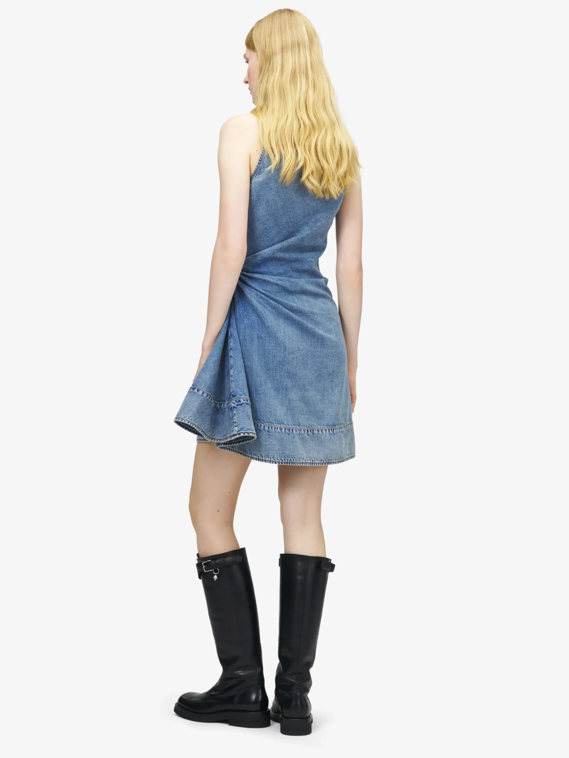 Women's Denim Asymmetric Mini Dress in Washed Blue