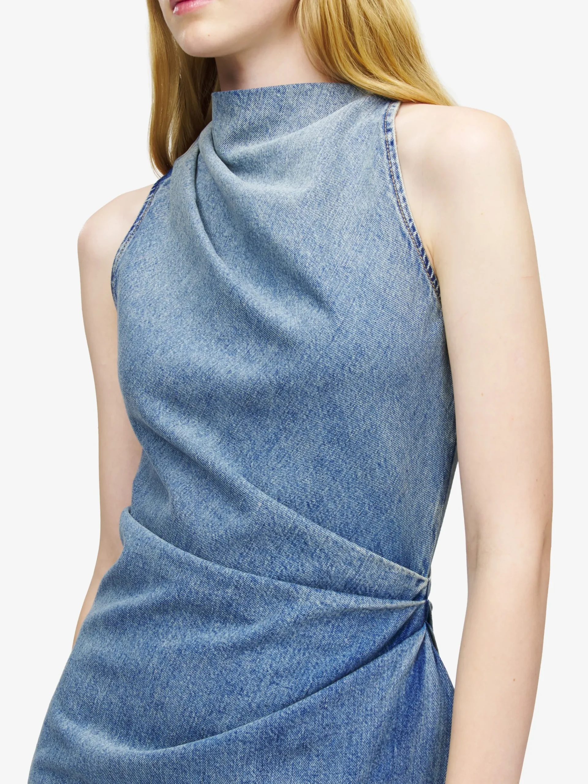 Women's Denim Asymmetric Mini Dress in Washed Blue