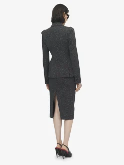 Women's Flecked Pinstripe Slashed Zip Pencil Skirt in Grey