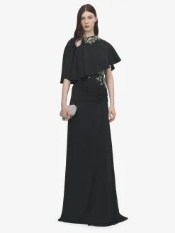 Women's Floral Embroidery Asymmetric Cape in Black