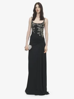Women's Floral Embroidery Evening Dress in Black