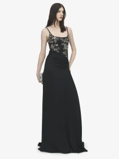 Women's Floral Embroidery Evening Dress in Black