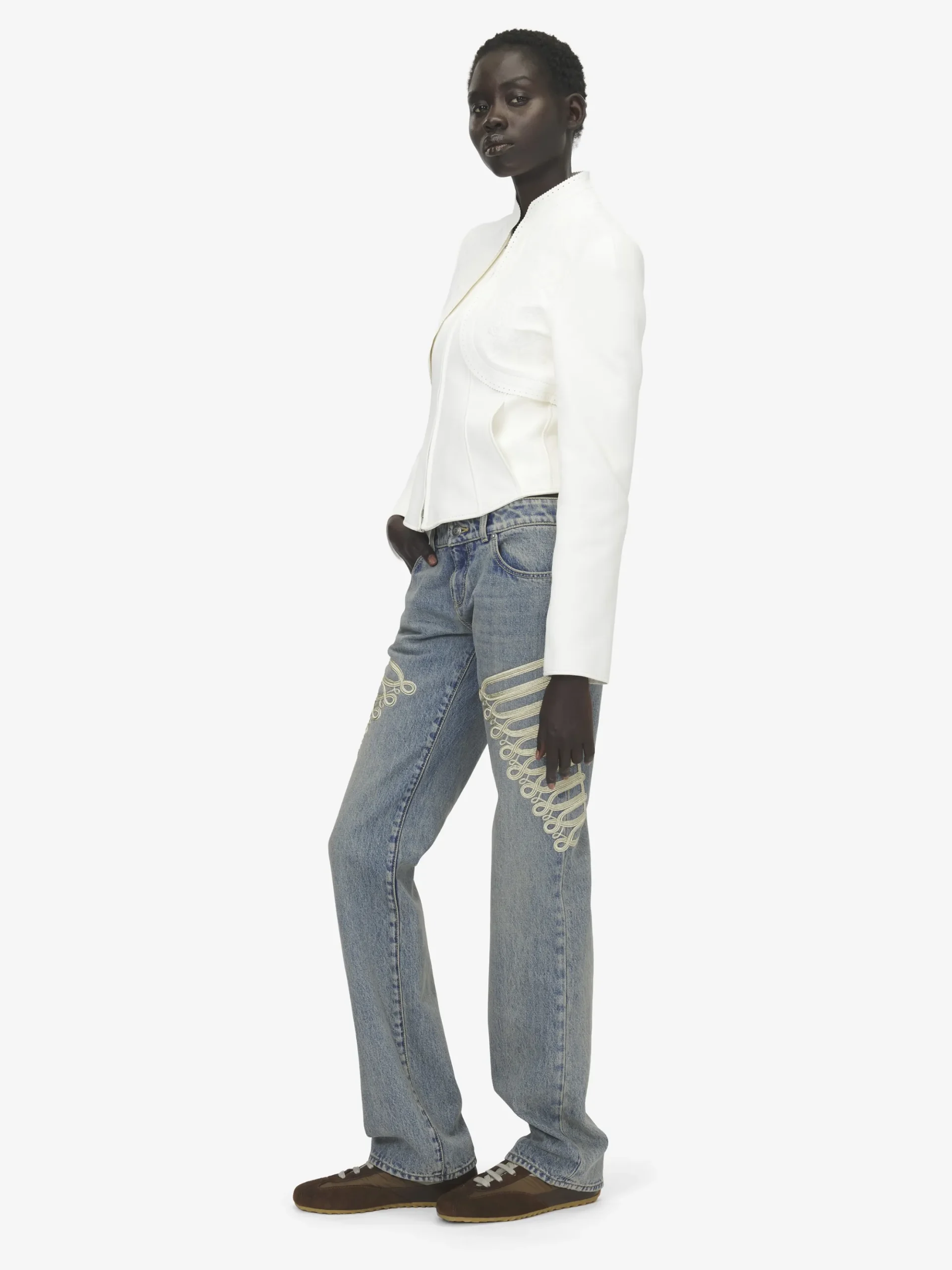 Women's Floral Embroidery Leather Jacket in White