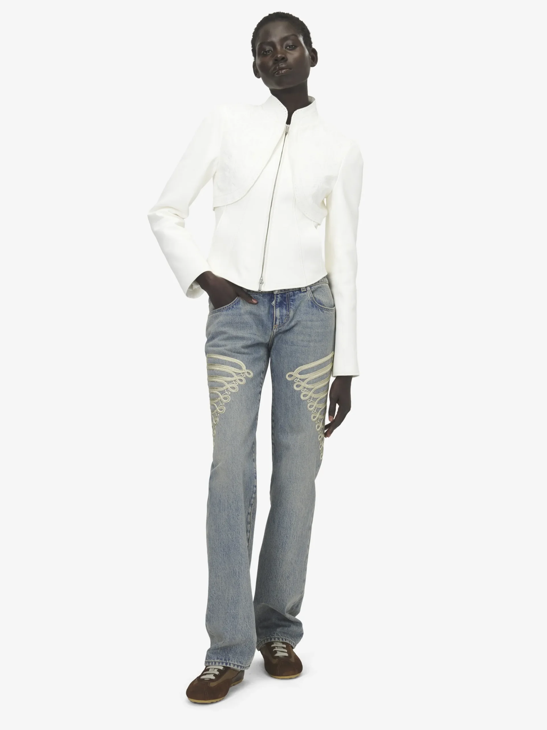 Women's Floral Embroidery Leather Jacket in White