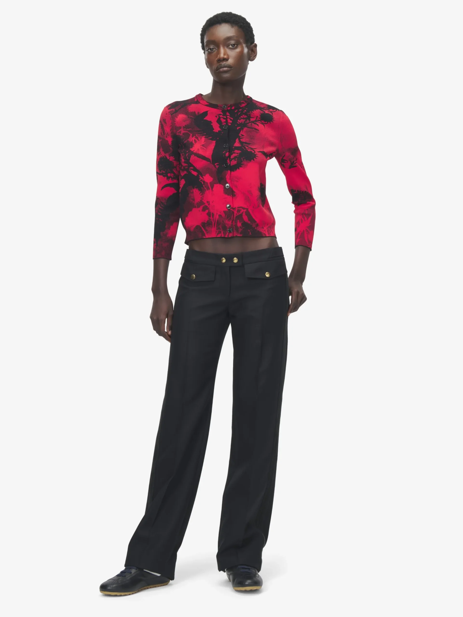 Women's Floral Jacquard Cardigan in Red/Black