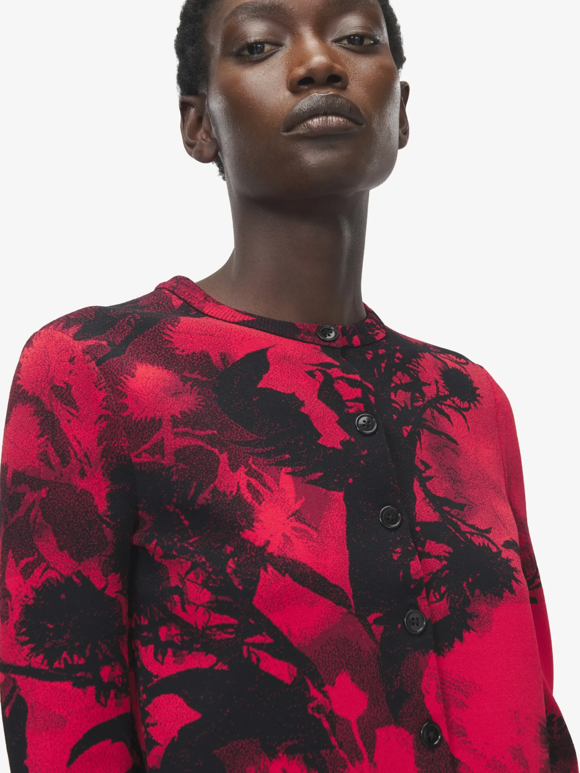 Women's Floral Jacquard Cardigan in Red/Black