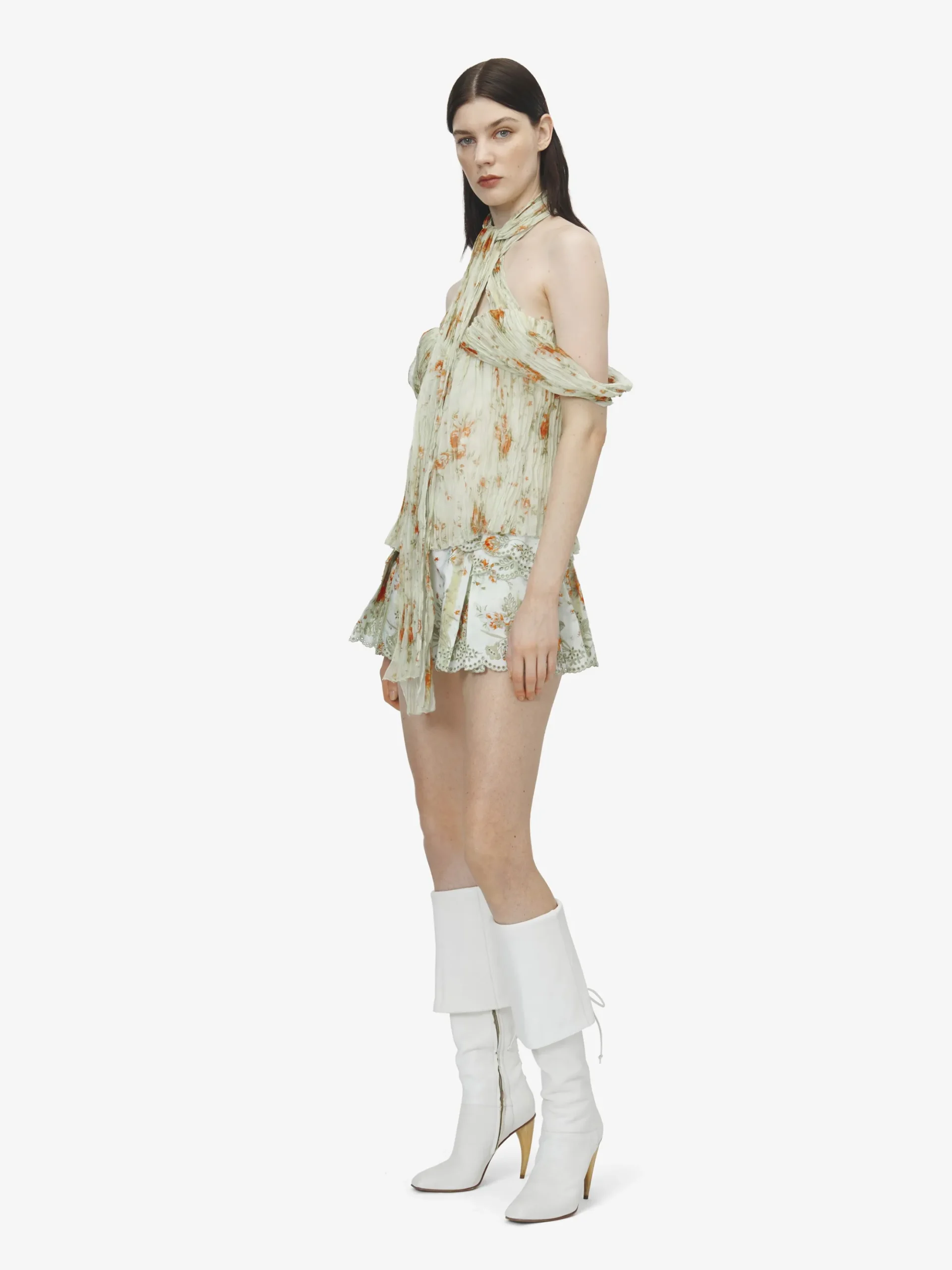 Women's Floral Pleated Top in Stone/Light Orange