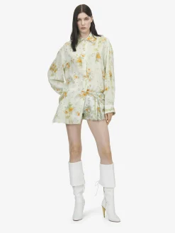 Women's Floral Print Pyjama Shirt in Stone/Light Orange