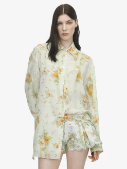 Women's Floral Print Pyjama Shirt in Stone/Light Orange