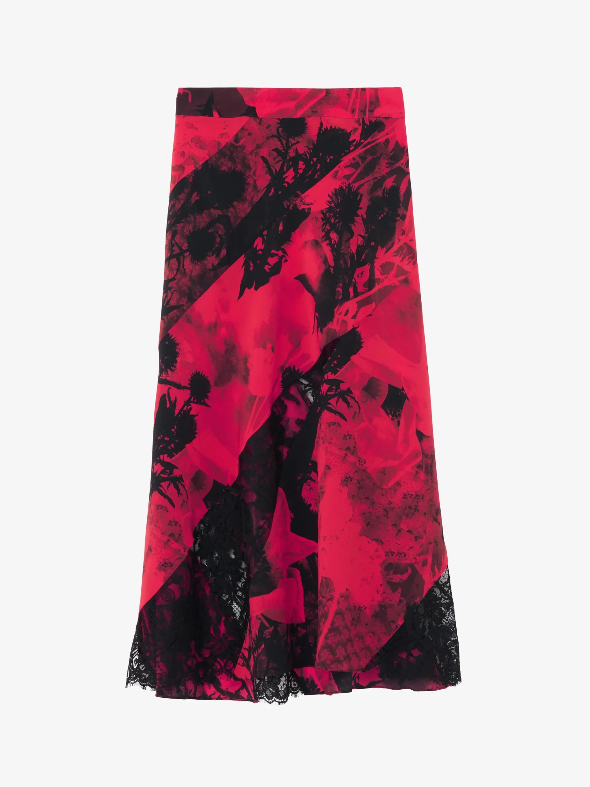 Women's Floral Slashed Midi Skirt in Red/Black