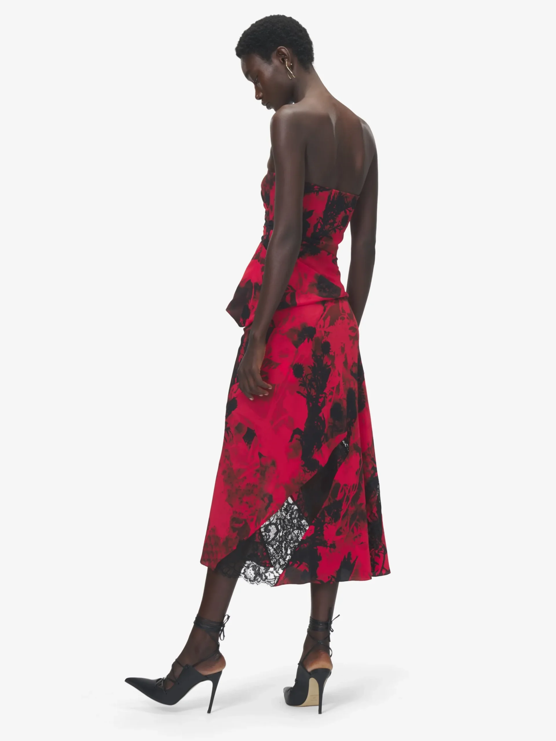 Women's Floral Slashed Midi Skirt in Red/Black