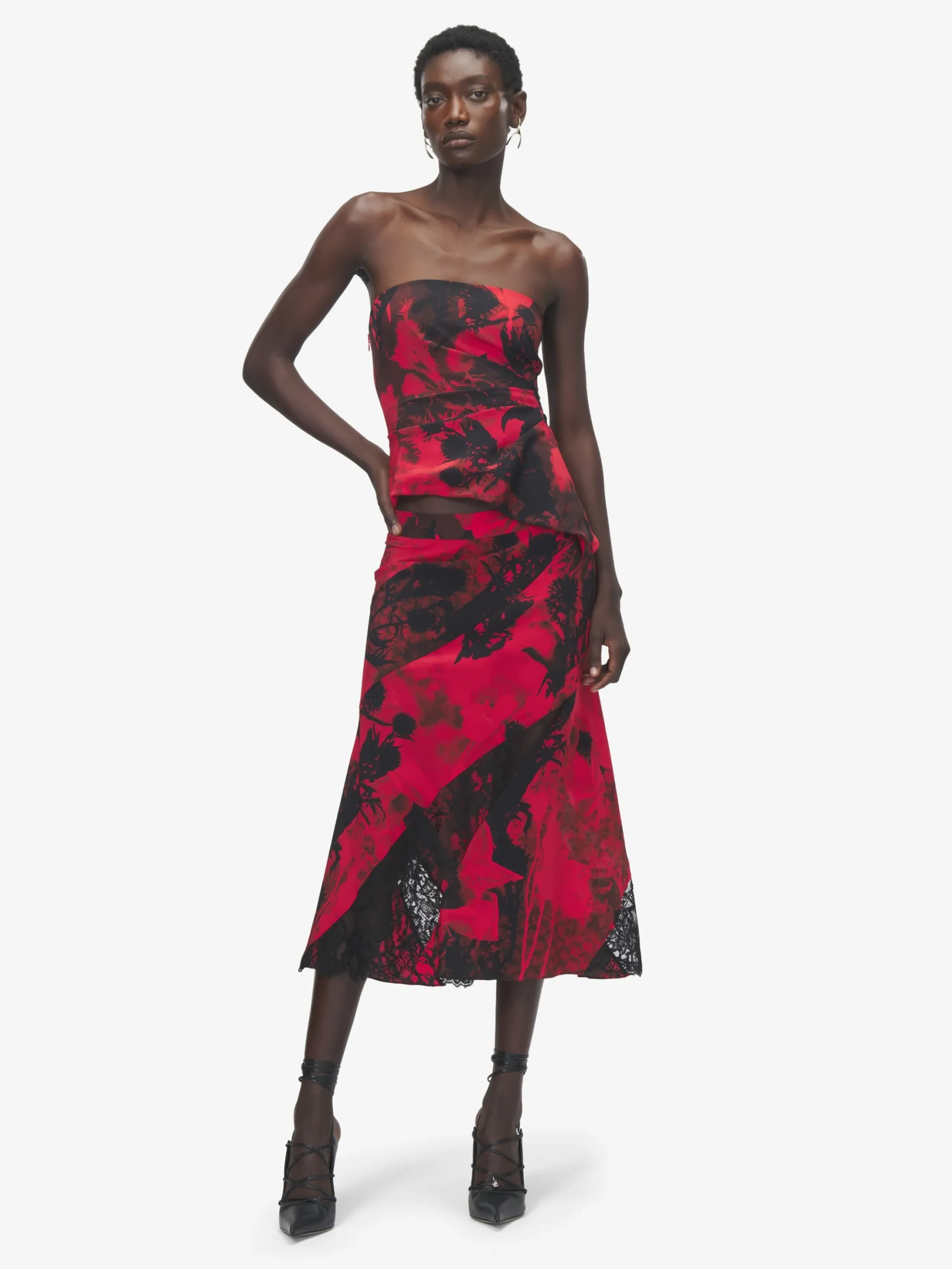 Women's Floral Slashed Midi Skirt in Red/Black