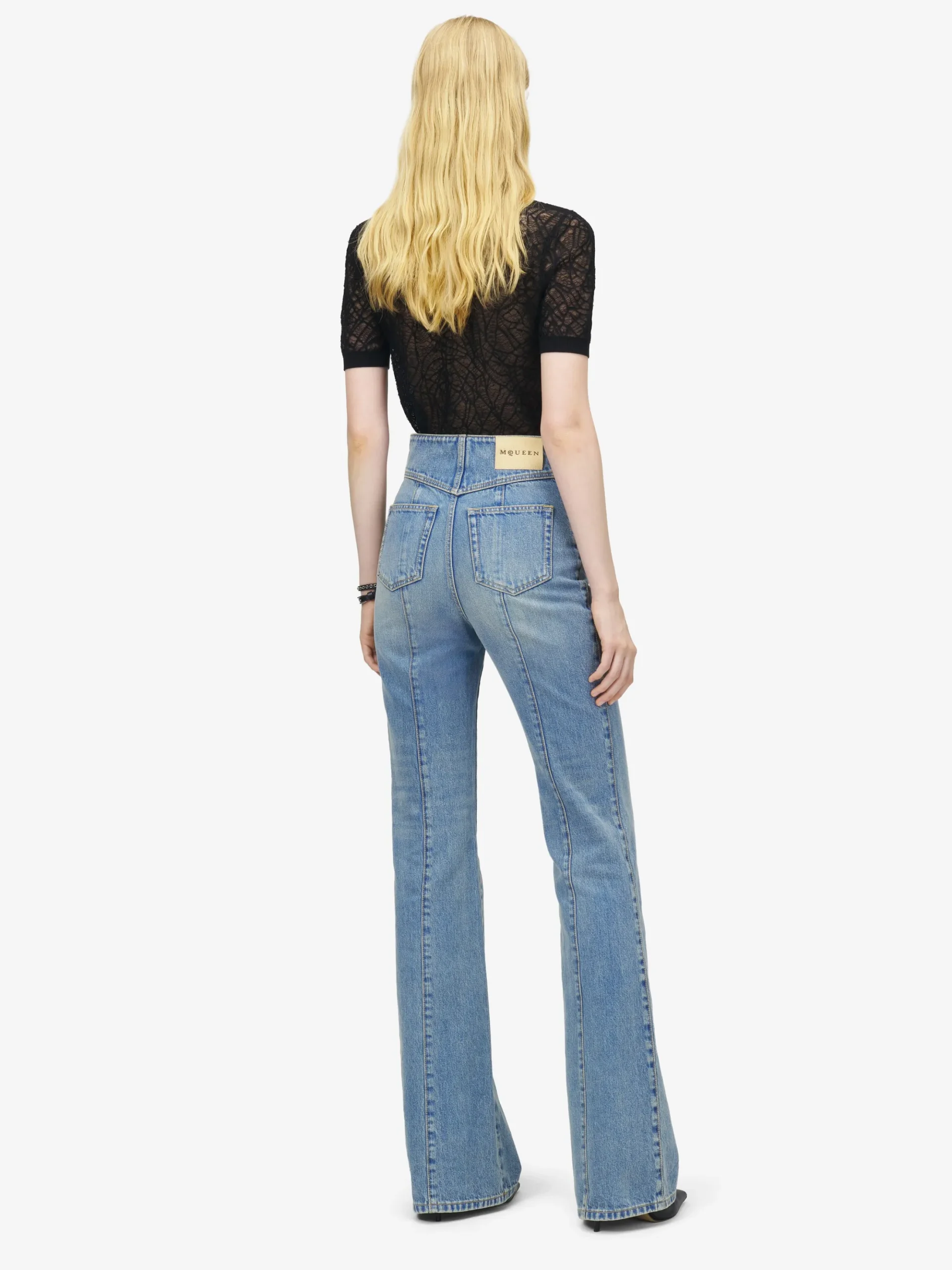 Women's Fold Over Waist Jeans in Washed Blue