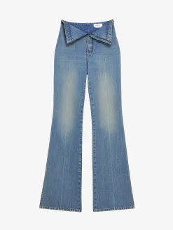 Women's Fold Over Waist Jeans in Washed Blue