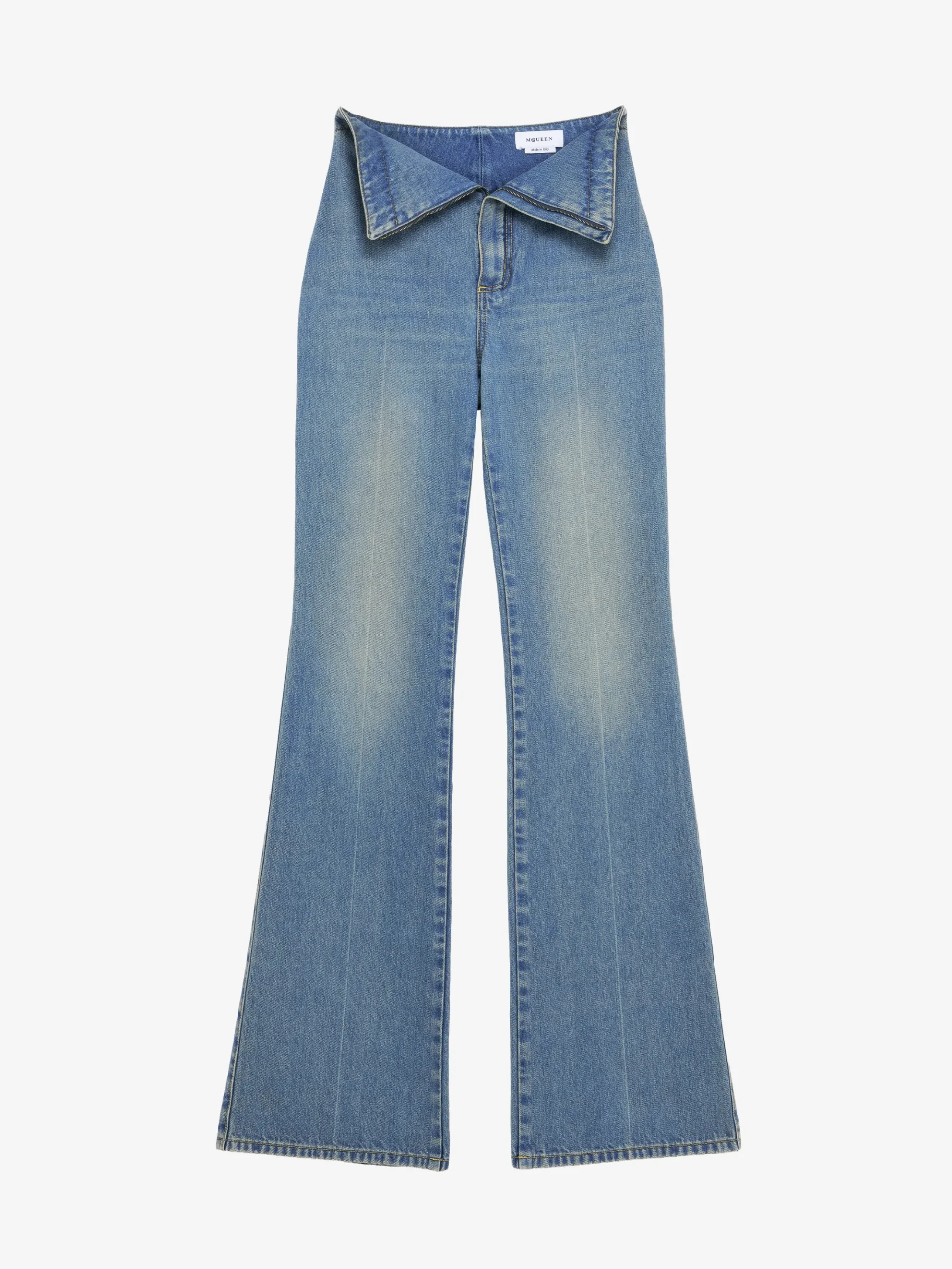 Women's Fold Over Waist Jeans in Washed Blue