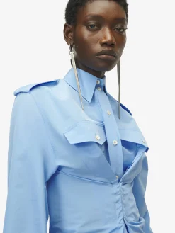 Women's Gathered Long-Sleeved Shirt in Blue