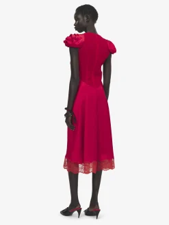 Women's Gathered Sleeve Midi Dress in Red