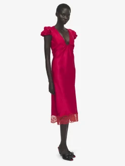 Women's Gathered Sleeve Midi Dress in Red