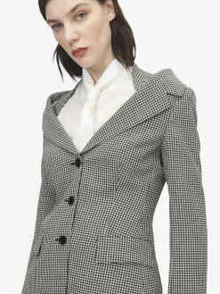 Women's Gingham Check Off-the-shoulder Harness Jacket in Black/Ivory