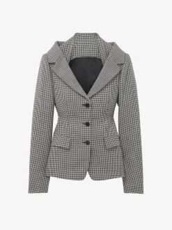 Women's Gingham Check Off-the-shoulder Harness Jacket in Black/Ivory