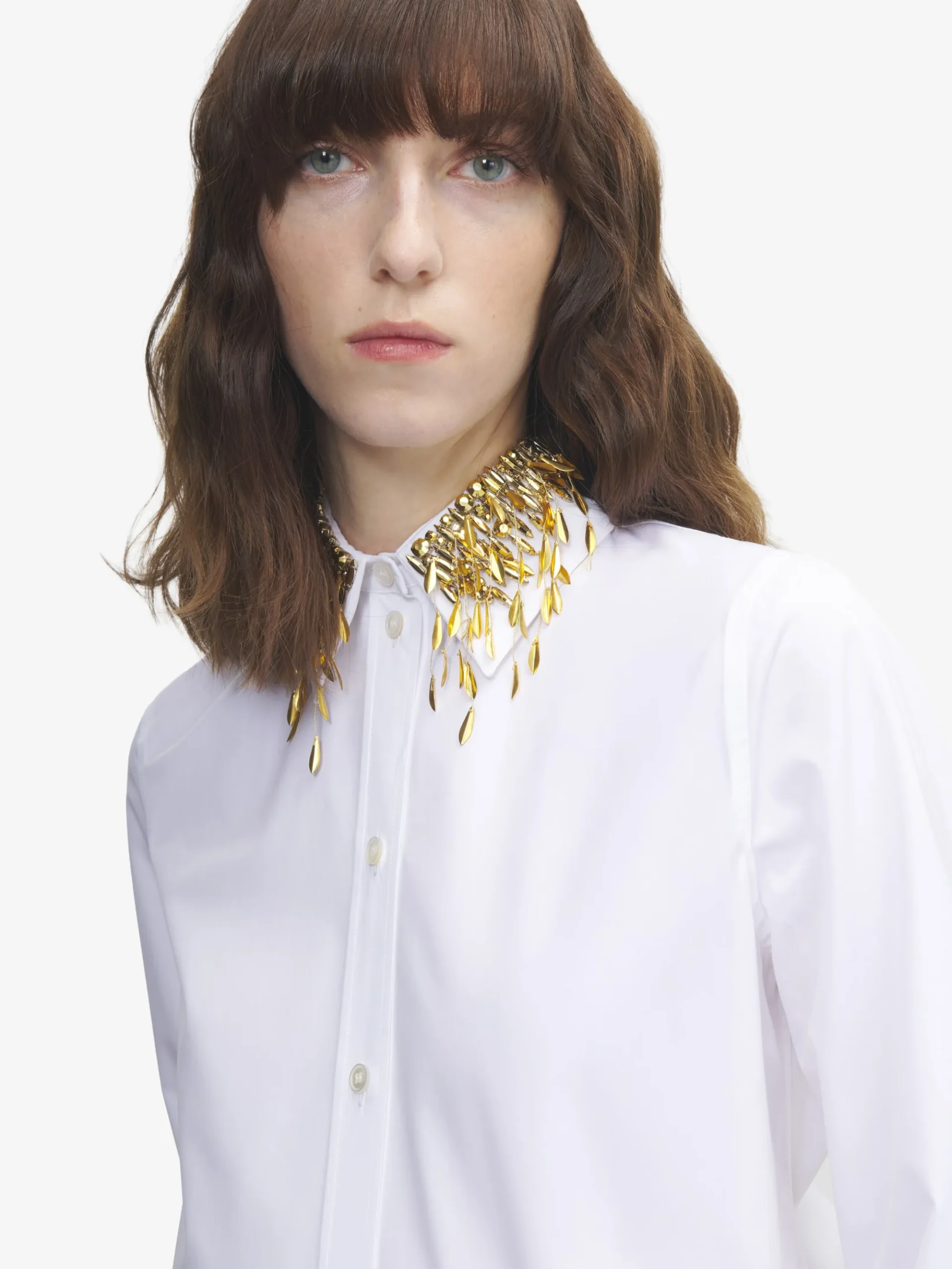 Women's Gold Leaves and Crystal Embroidery Shirt in Optical White