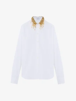 Women's Gold Leaves and Crystal Embroidery Shirt in Optical White